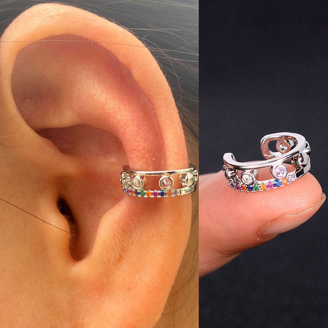 1Pc Hollow Geometry Rainbow CZ Cuff Wrap Clip On Earrings Women Girls Climber Ear Cartilage Bone Clips Fake Earring Non Piercing